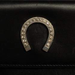 Pre Owned Moschino Black Leather Horseshoe Buckle Crystal Embellished Flap Compact Wallet