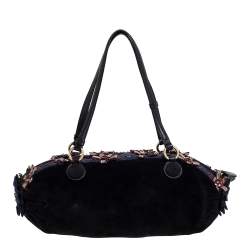 Pre Owned Moschino Black/Blue Suede and Fabric Bow Embellished Satchel