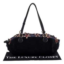 Pre Owned Moschino Black/Blue Suede and Fabric Bow Embellished Satchel