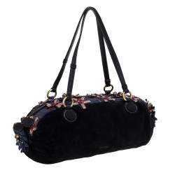 Pre Owned Moschino Black/Blue Suede and Fabric Bow Embellished Satchel