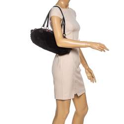 Pre Owned Moschino Black/Blue Suede and Fabric Bow Embellished Satchel