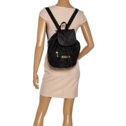 Pre Owned Moschino Black Nylon Logo Flap Backpack