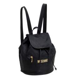 Pre Owned Moschino Black Nylon Logo Flap Backpack