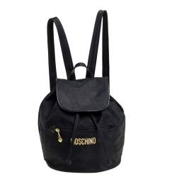 Pre Owned Moschino Black Nylon Logo Flap Backpack
