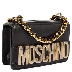 Pre Owned Moschino Black Leather Mini Logo Flap Chain Shoulder Bag