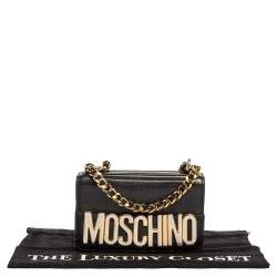 Pre Owned Moschino Black Leather Mini Logo Flap Chain Shoulder Bag