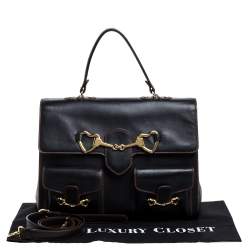 Pre Owned Moschino Black Leather Heart Buckle Double Flap Top Handle Bag