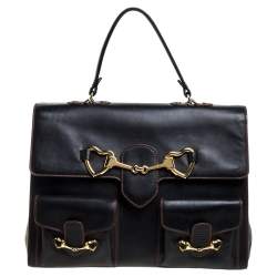 Pre Owned Moschino Black Leather Heart Buckle Double Flap Top Handle Bag