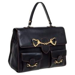 Pre Owned Moschino Black Leather Heart Buckle Double Flap Top Handle Bag