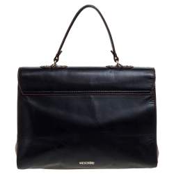Pre Owned Moschino Black Leather Heart Buckle Double Flap Top Handle Bag
