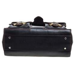 Pre Owned Moschino Black Leather Heart Buckle Double Flap Top Handle Bag