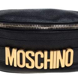 Pre Owned Moschino Black Pebbled Leather Logo Belt Bag