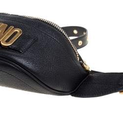 Pre Owned Moschino Black Pebbled Leather Logo Belt Bag