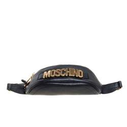 Pre Owned Moschino Black Pebbled Leather Logo Belt Bag