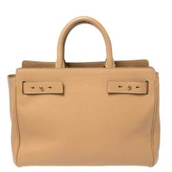 Pre Owned Moschino Beige Leather Logo Plaque Tote
