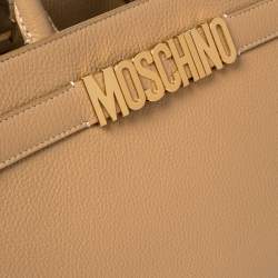 Pre Owned Moschino Beige Leather Logo Plaque Tote