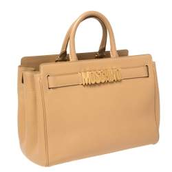 Pre Owned Moschino Beige Leather Logo Plaque Tote