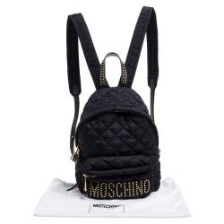 Pre Owned Moschino Black Nylon Quilted Logo Studded Backpack
