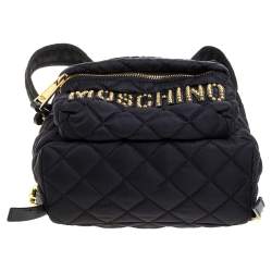 Pre Owned Moschino Black Nylon Quilted Logo Studded Backpack