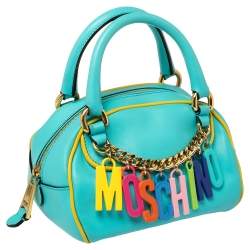 Pre Owned Moschino Turquoise/Yellow Leather Logo Charm Satchel