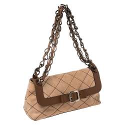 Moschino Beige/Brown Suede And Leather Buckle Flap Shoulder Bag