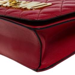 Pre Owned Moschino Red Quilted Leather Logo Flap Shoulder Bag