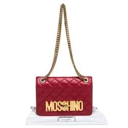 Pre Owned Moschino Red Quilted Leather Logo Flap Shoulder Bag