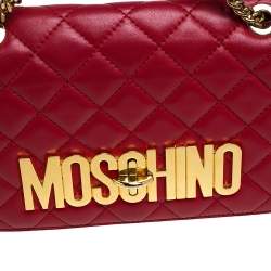 Pre Owned Moschino Red Quilted Leather Logo Flap Shoulder Bag
