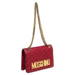 Pre Owned Moschino Red Quilted Leather Logo Flap Shoulder Bag