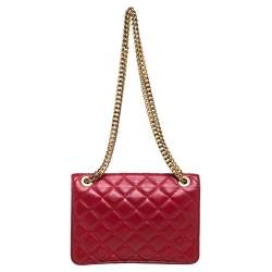 Pre Owned Moschino Red Quilted Leather Logo Flap Shoulder Bag
