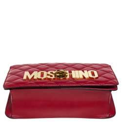 Pre Owned Moschino Red Quilted Leather Logo Flap Shoulder Bag