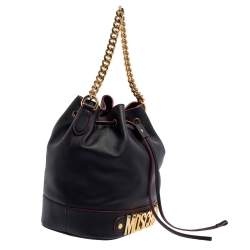 Moschino Black Leather Drawstring Bucket Bag