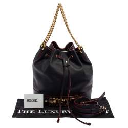 Moschino Black Leather Drawstring Bucket Bag