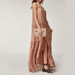 مملوكة مسبقًا Moschino Beige Pleated Fabric And Leather Logo Pouch Clutch