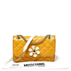 Pre Owned Moschino Yellow Quilted Patent Leather Crossbody Bag