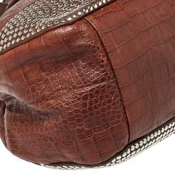 Pre Owned Moschino Brown Croc Embossed Leather Studded Shoulder Bag