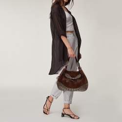 Pre Owned Moschino Brown Croc Embossed Leather Studded Shoulder Bag