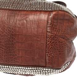 Pre Owned Moschino Brown Croc Embossed Leather Studded Shoulder Bag