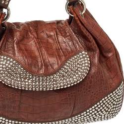 Pre Owned Moschino Brown Croc Embossed Leather Studded Shoulder Bag