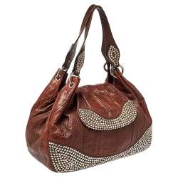 Pre Owned Moschino Brown Croc Embossed Leather Studded Shoulder Bag