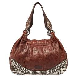 Pre Owned Moschino Brown Croc Embossed Leather Studded Shoulder Bag