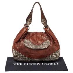 Pre Owned Moschino Brown Croc Embossed Leather Studded Shoulder Bag