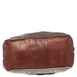 Pre Owned Moschino Brown Croc Embossed Leather Studded Shoulder Bag