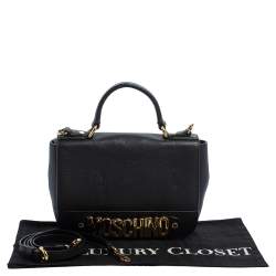 Pre Owned Moschino Black Leather Logo Flap Top Handle Bag