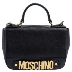 Pre Owned Moschino Black Leather Logo Flap Top Handle Bag
