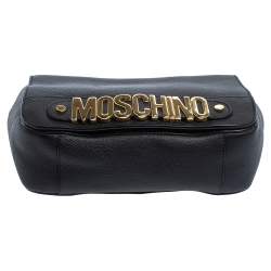 Pre Owned Moschino Black Leather Logo Flap Top Handle Bag