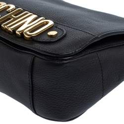 Pre Owned Moschino Black Leather Logo Flap Top Handle Bag
