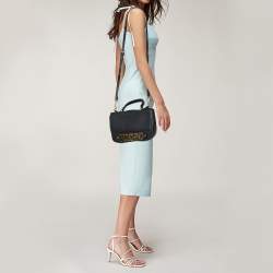 Pre Owned Moschino Black Leather Logo Flap Top Handle Bag