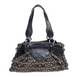 Pre Owned Moschino Black Monogram Leather and Canvas Lock Tote