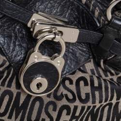 Pre Owned Moschino Black Monogram Leather and Canvas Lock Tote